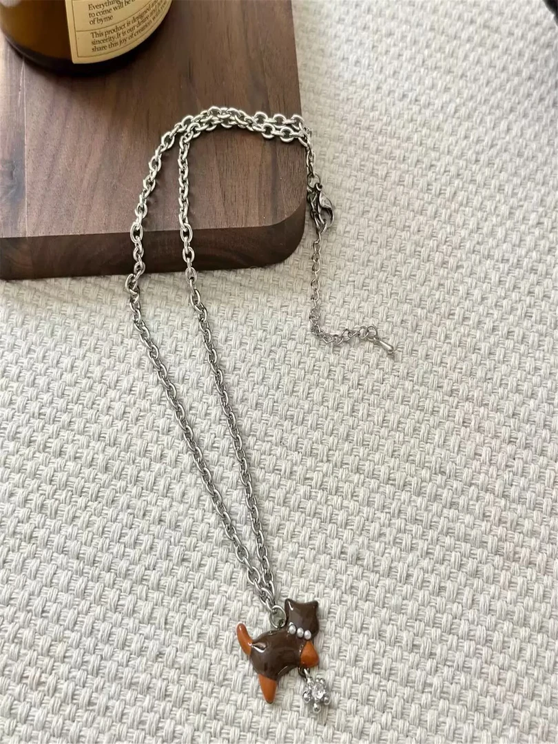 合金锆石吊坠 张奕然同款项链小猫咪可爱毛衣链小众复古高级感