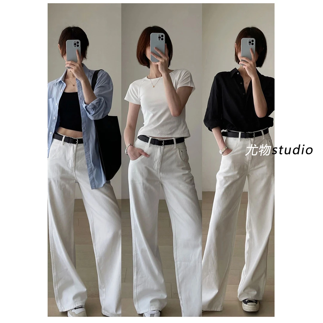 初秋白色牛仔裤直筒裤显瘦小个子白裤百搭极简ins韩系