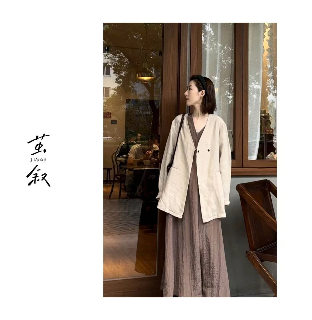 JIAN.XU纯亚麻V领一粒扣西装外套 衣长70胸围120