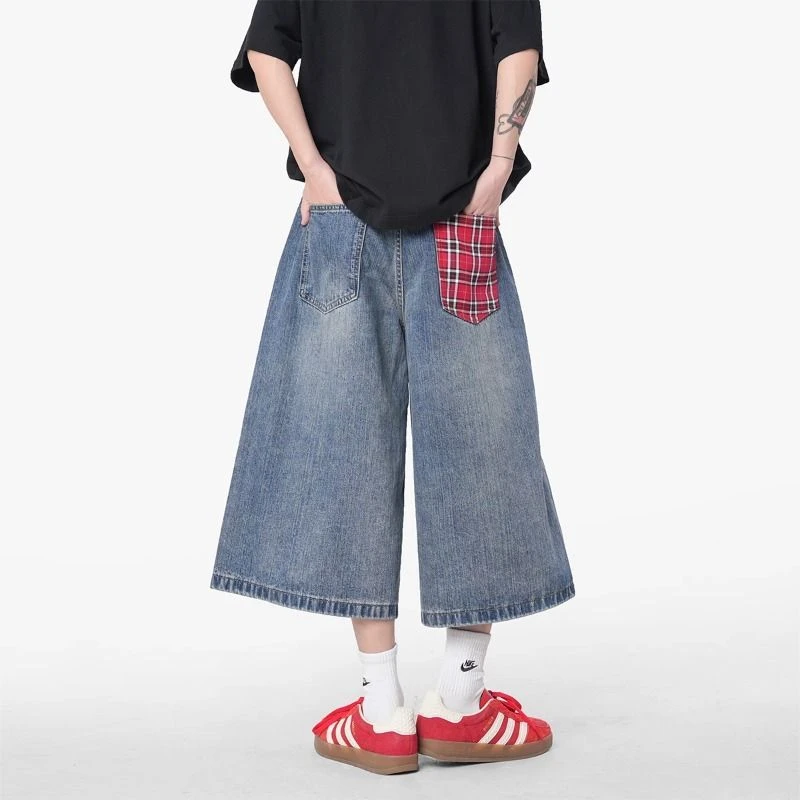 KULINGZHU美式格子拼接蓝色七分裤男直筒中裤宽松慵懒风阔腿短裤