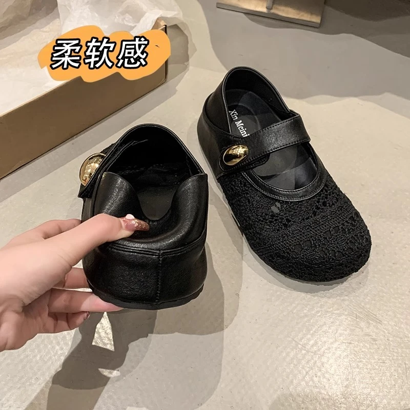夏季软底韩版百搭时尚休闲鞋玛丽珍鞋透气百搭黑色女鞋皮鞋魔术贴