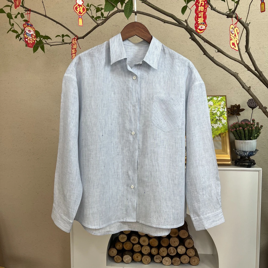 100%色织亚麻条纹点子纱蓝色条纹衬衫长袖衬衫