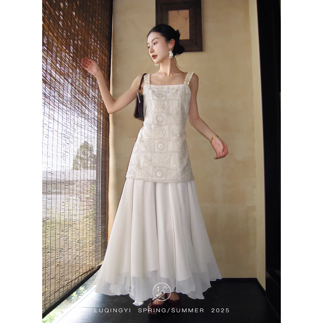 鹭青一原创【芷惜】重工绣花吊带上衣雪纺伞摆半身裙L25B7530BA