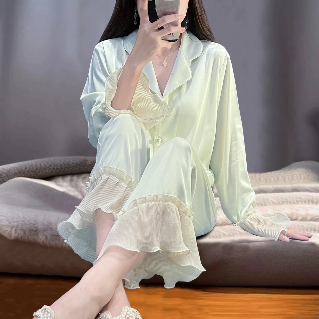 水光绸法式甜美睡衣女春秋长袖木耳边家居服冰丝薄款套装新款夏季