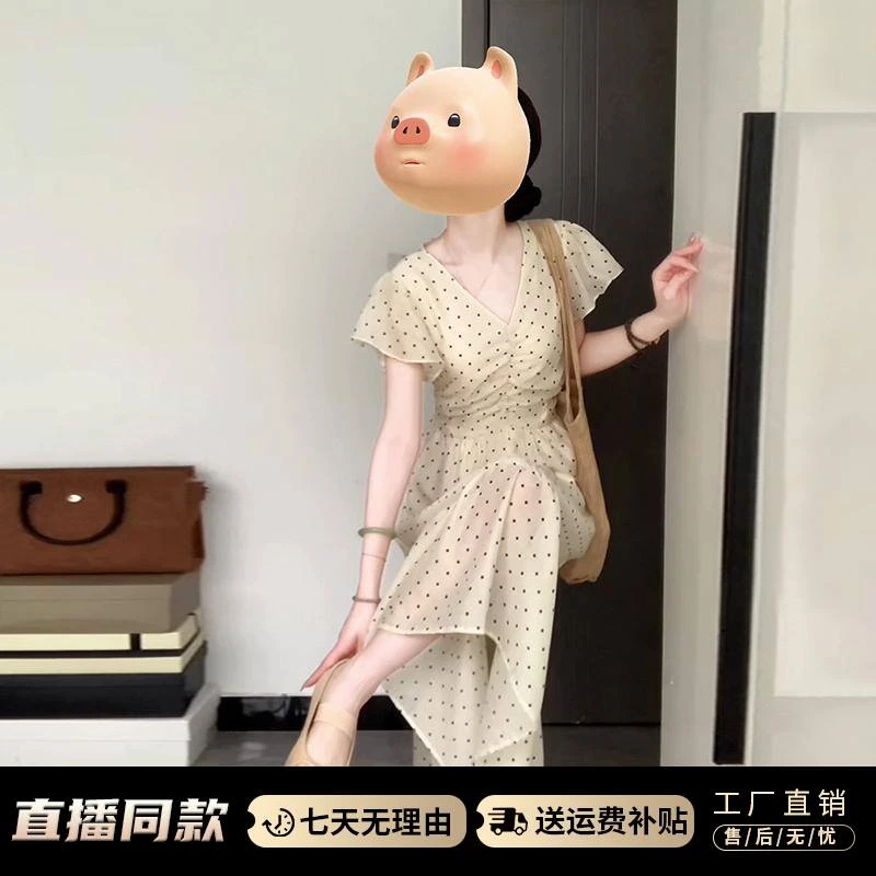 假日风情·DJ3333桔梗法式V领波点连衣裙女夏季新款小飞袖收腰长裙
