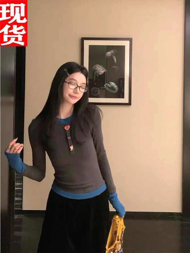 欧阳 9/22 20点【韩女心机感】撞色长袖T恤内搭打底衫