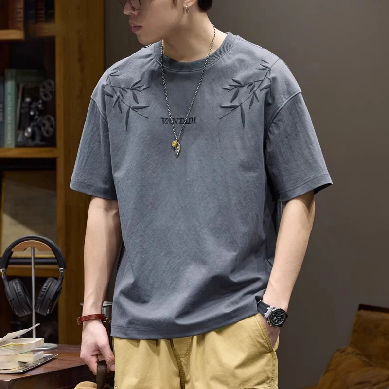MR.MUDI/穆迪先生夏季薄款透气亚麻短袖t恤男士国风竹叶刺绣