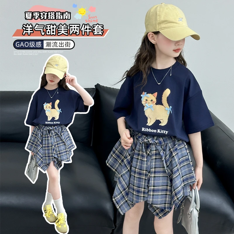 女童夏装棉质短袖T恤不规则裤裙套装中大童洋气小猫格子百褶裙子