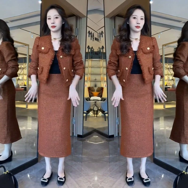 191高级秋冬新套装裙韩版小香风亮晶晶流苏编织纹外套长裙两件套