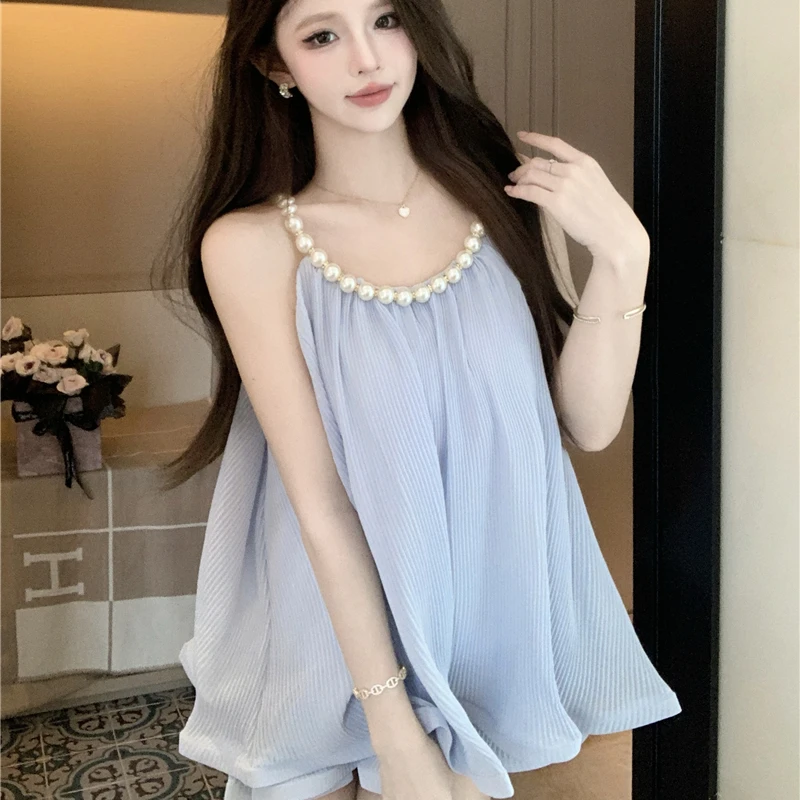 辣妹珍珠挂脖洋气吊带雪纺衫女夏季新款高级感荷叶边显瘦超仙上衣