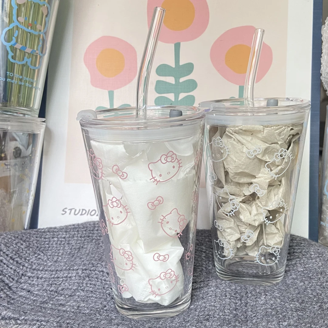 可爱动物猫咪印花玻璃杯带吸管杯创意简约家用学生网红果汁杯奶杯