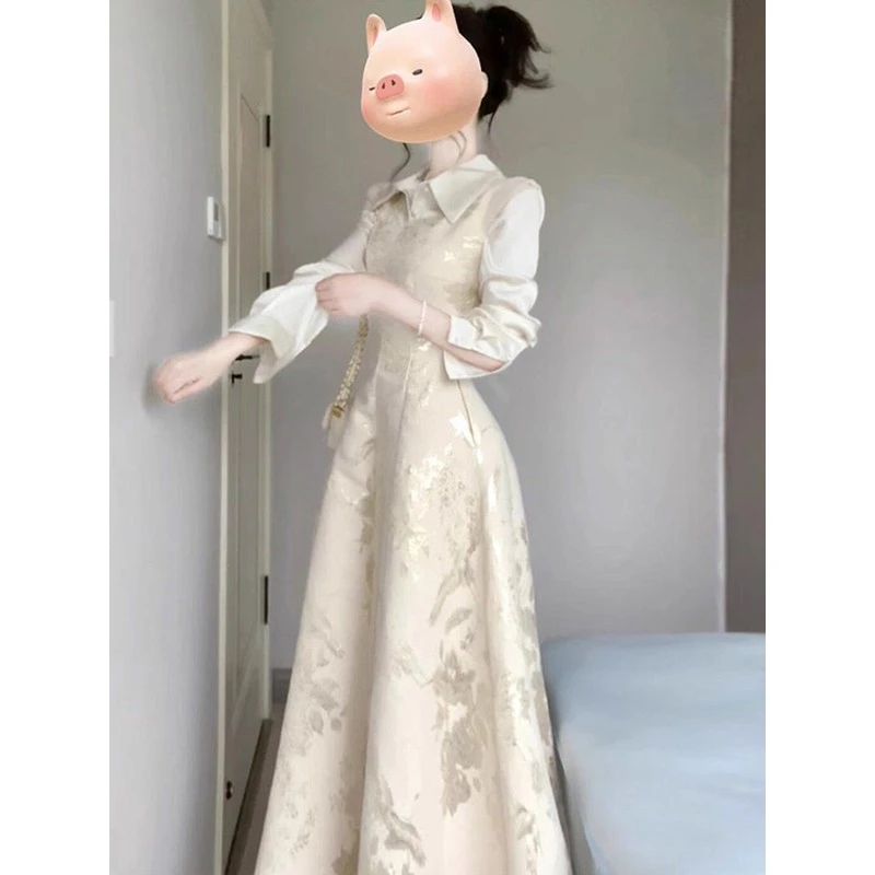 法式复古显瘦长裙优雅气质温柔风洋装小众别致衬衫两件式套装春秋