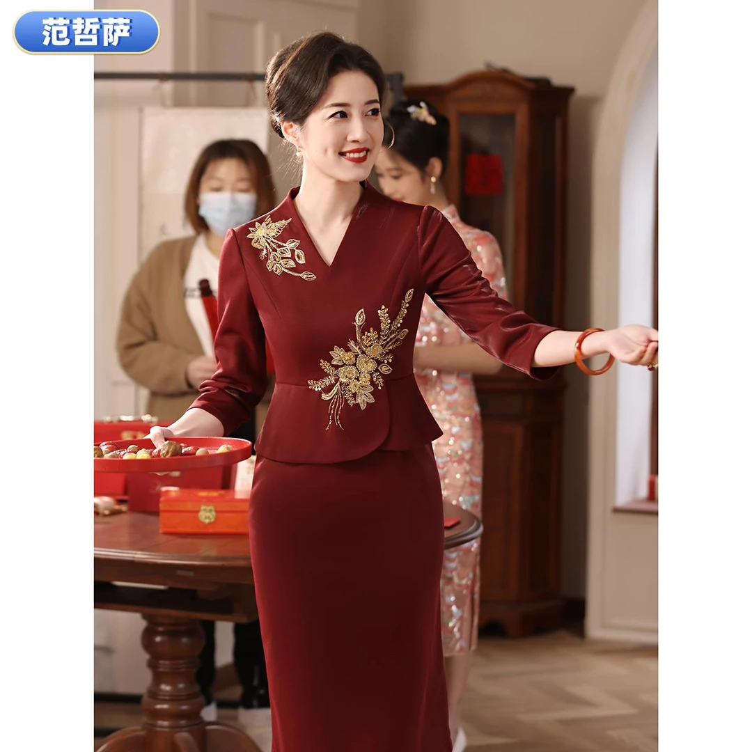 喜婆婆婚宴装2025新款丈母娘结婚礼服妈妈喜服高端高贵珠光丝V领