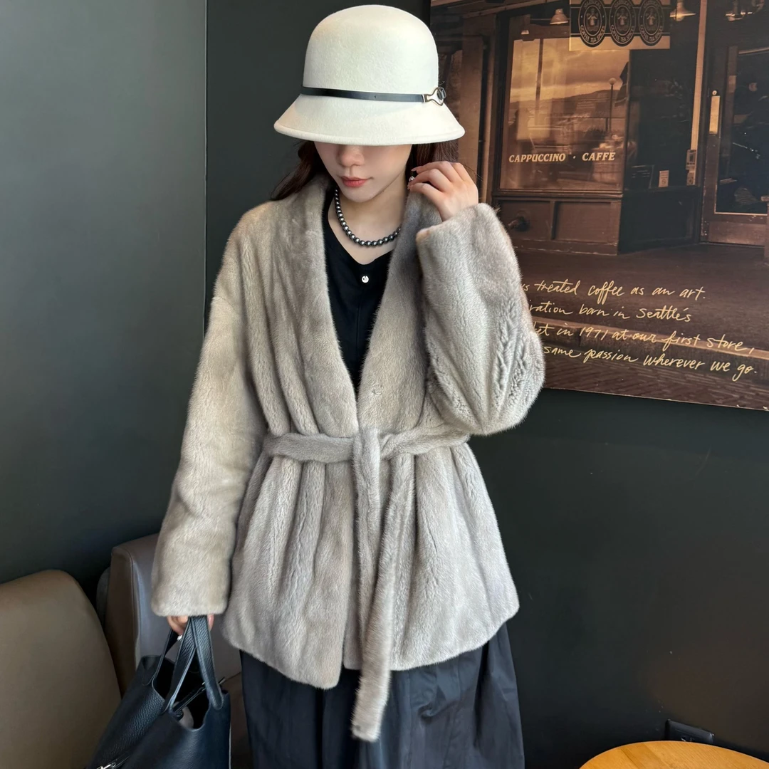 EIM FUR 「淇水浣雪」22910慵懒风宽松V领腰带中长水貂皮草外套