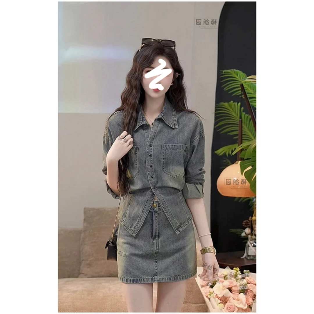 微胖女装港风复古套装女气质显瘦牛仔衬衫春季半身裙包臀裙W2865