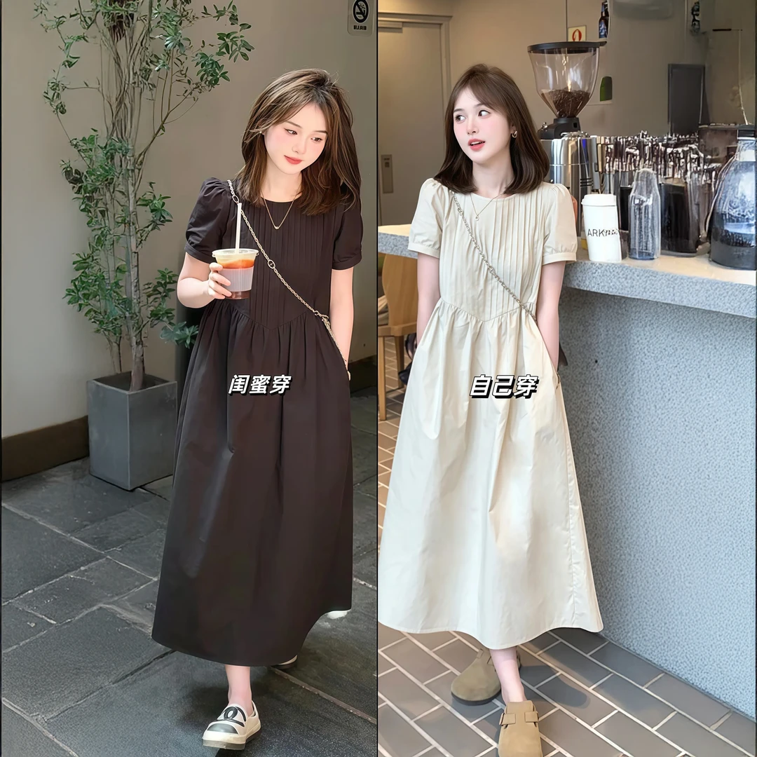 法式高级感洋气短袖连衣裙女夏季新款小个子宽松显瘦气质中长裙子
