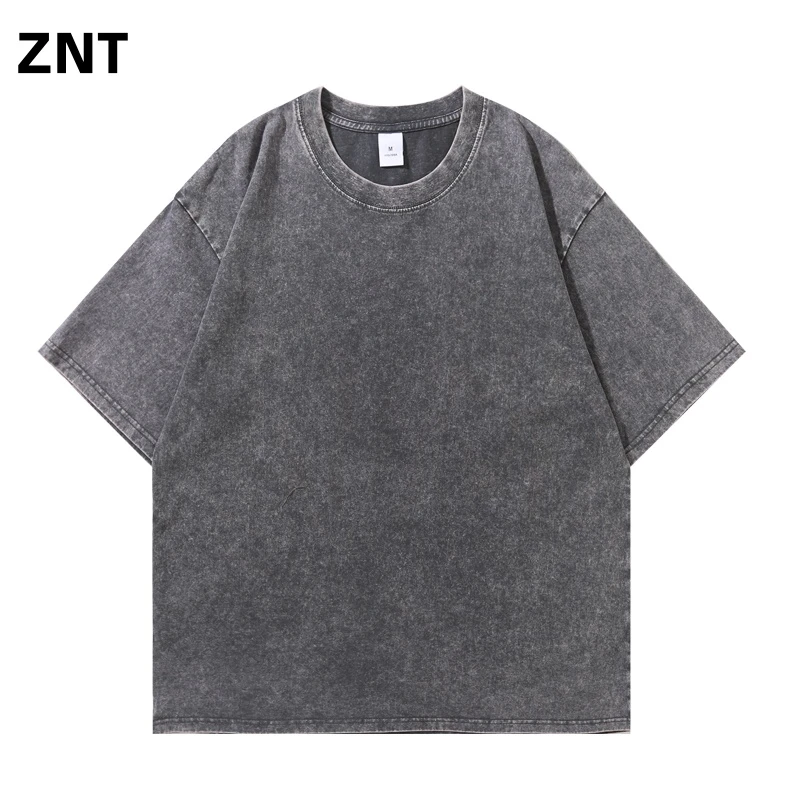 ZNT夏季新款水洗做旧潮牌重磅短袖T恤纯棉圆领宽松纯色落肩男女
