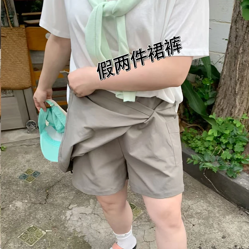 微胖设计感夏日清凉百搭松紧口袋假两件短裙裤6098凉凉裤