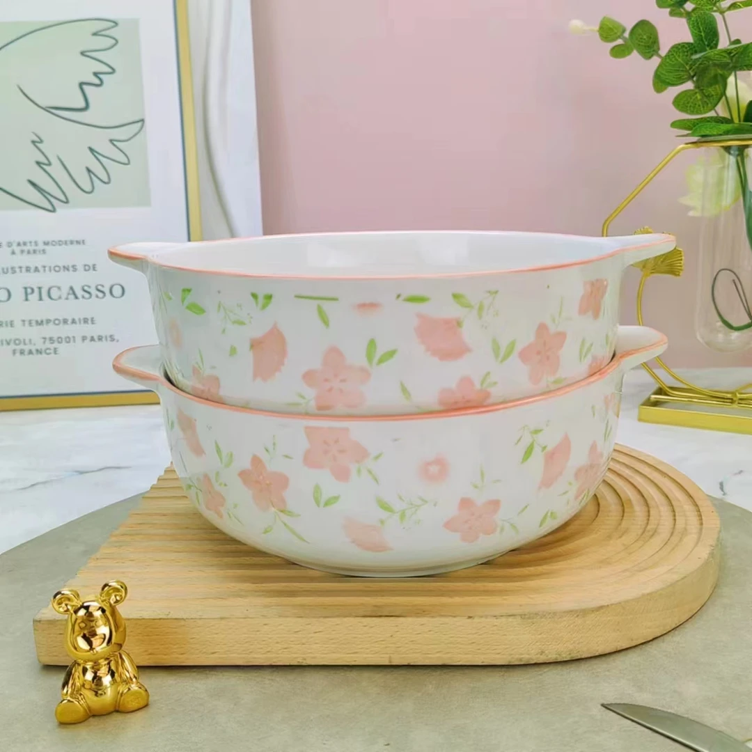 含耳9.5英寸十里桃花双耳碗2个 破损联系客服