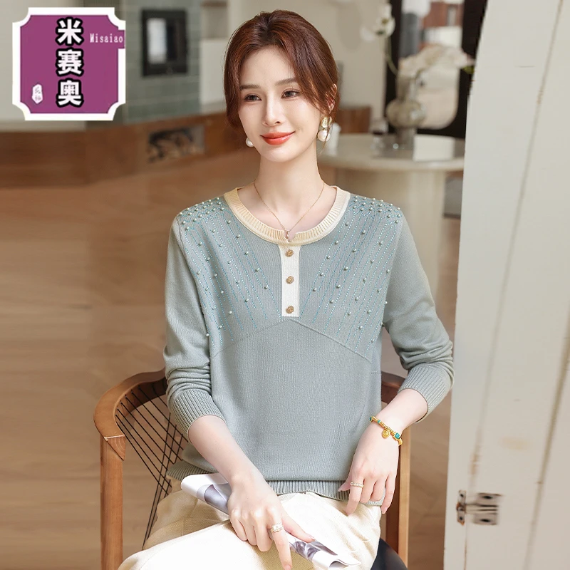 妈妈秋装针织打底衫上衣女2025新款春秋中老年人气质圆领长袖毛衣
