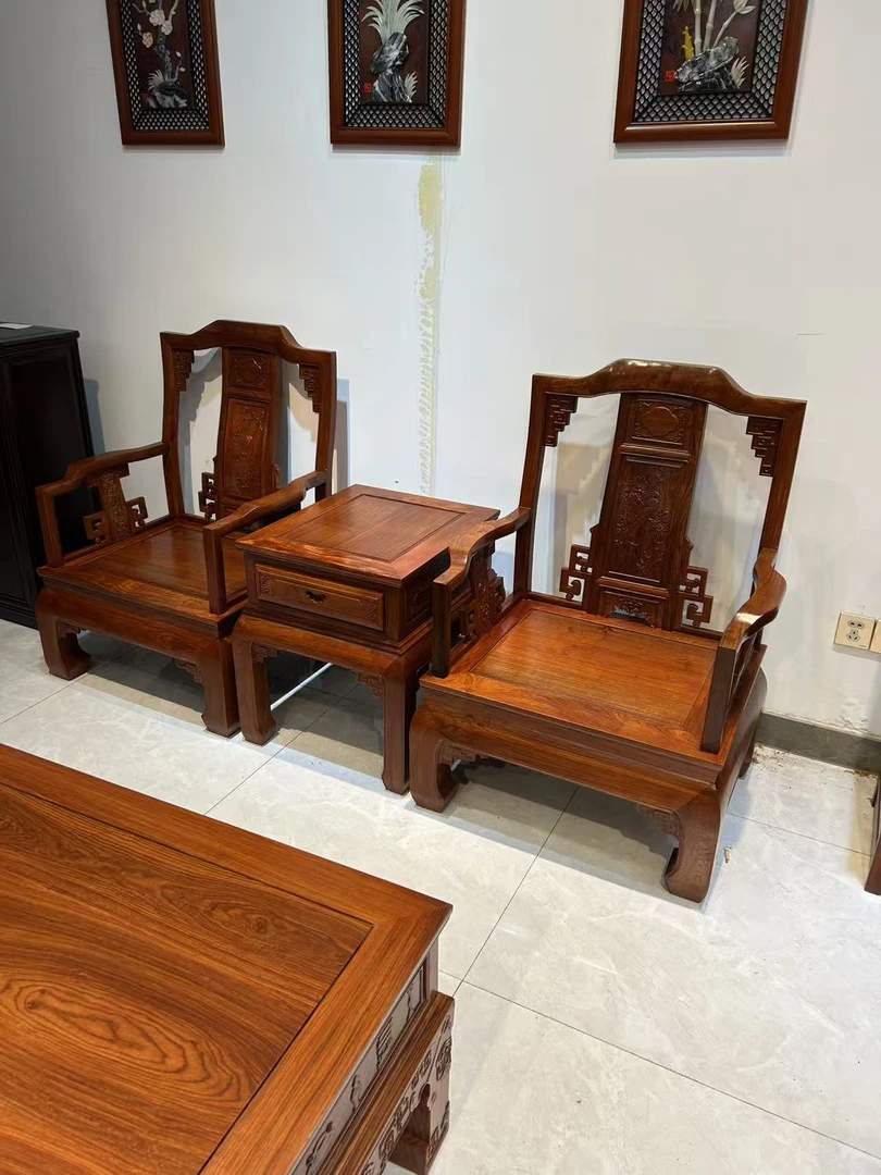 国标红木家具缅花沙发三件套大果紫檀