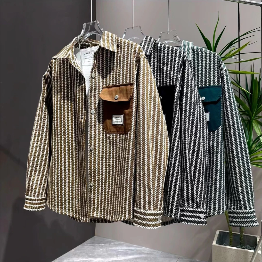 秋冬男士经典百搭时尚条纹衬衫潮流翻领韩版加绒加厚男款外套上衣