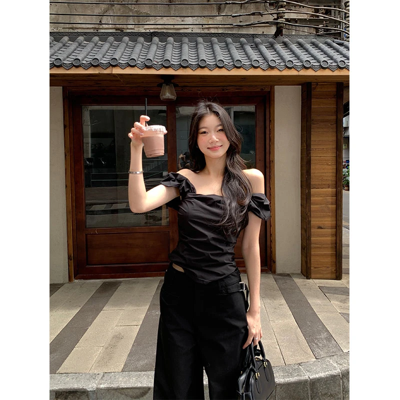 withmin凉皮 夏季辣妹一字肩露肩纯欲上衣短袖T恤2522322现货