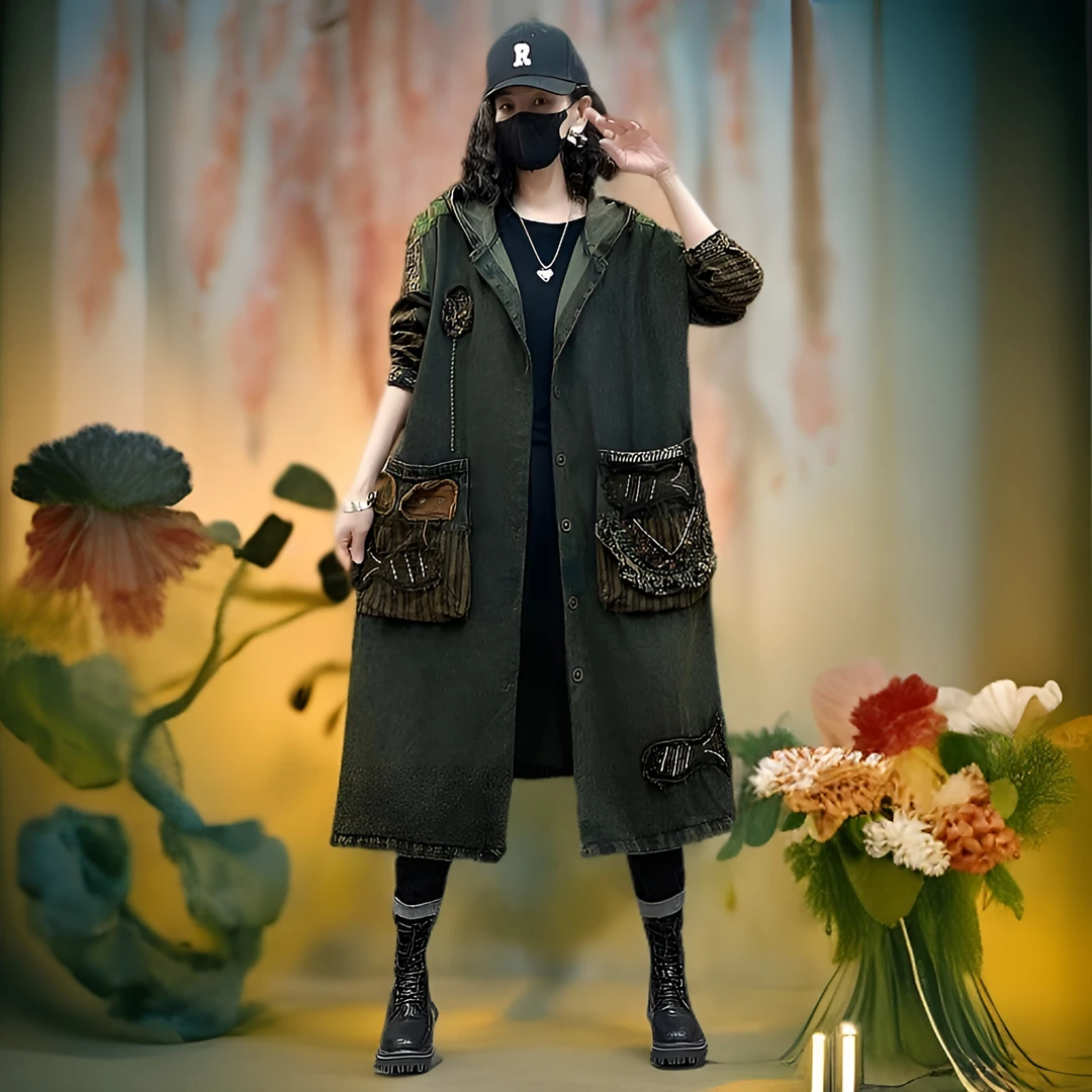 【春款上新】炒色牛仔风衣复古时尚外套荷塘月色连帽宽松大码女装