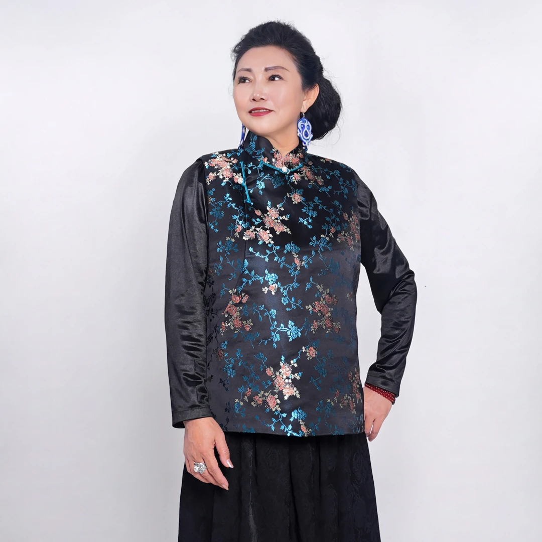 QEJ23M002民族风缎面气质斜襟改良马甲