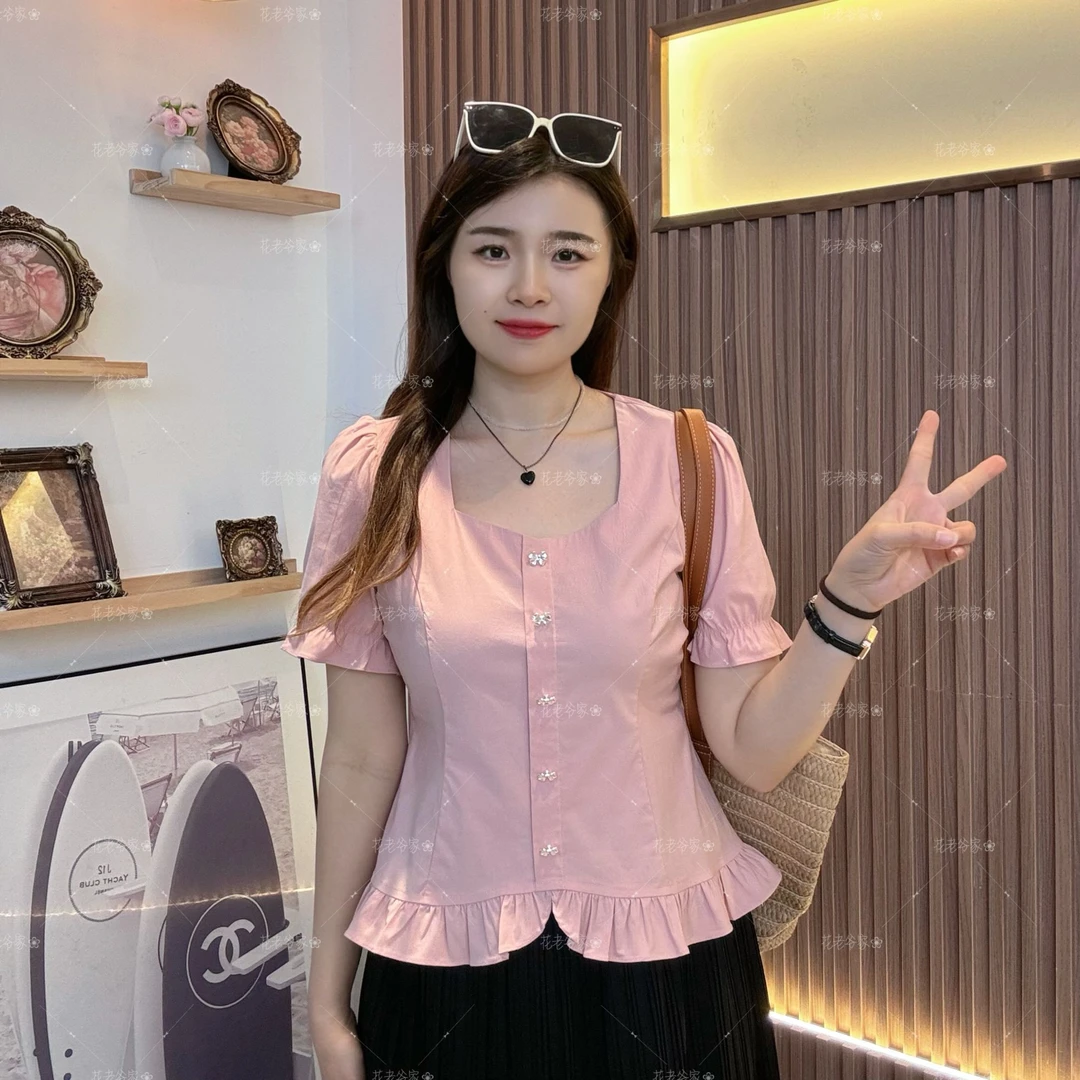 【仅上衣】花老爷夏季新小花边鸡心领弹力小上衣HLY3335