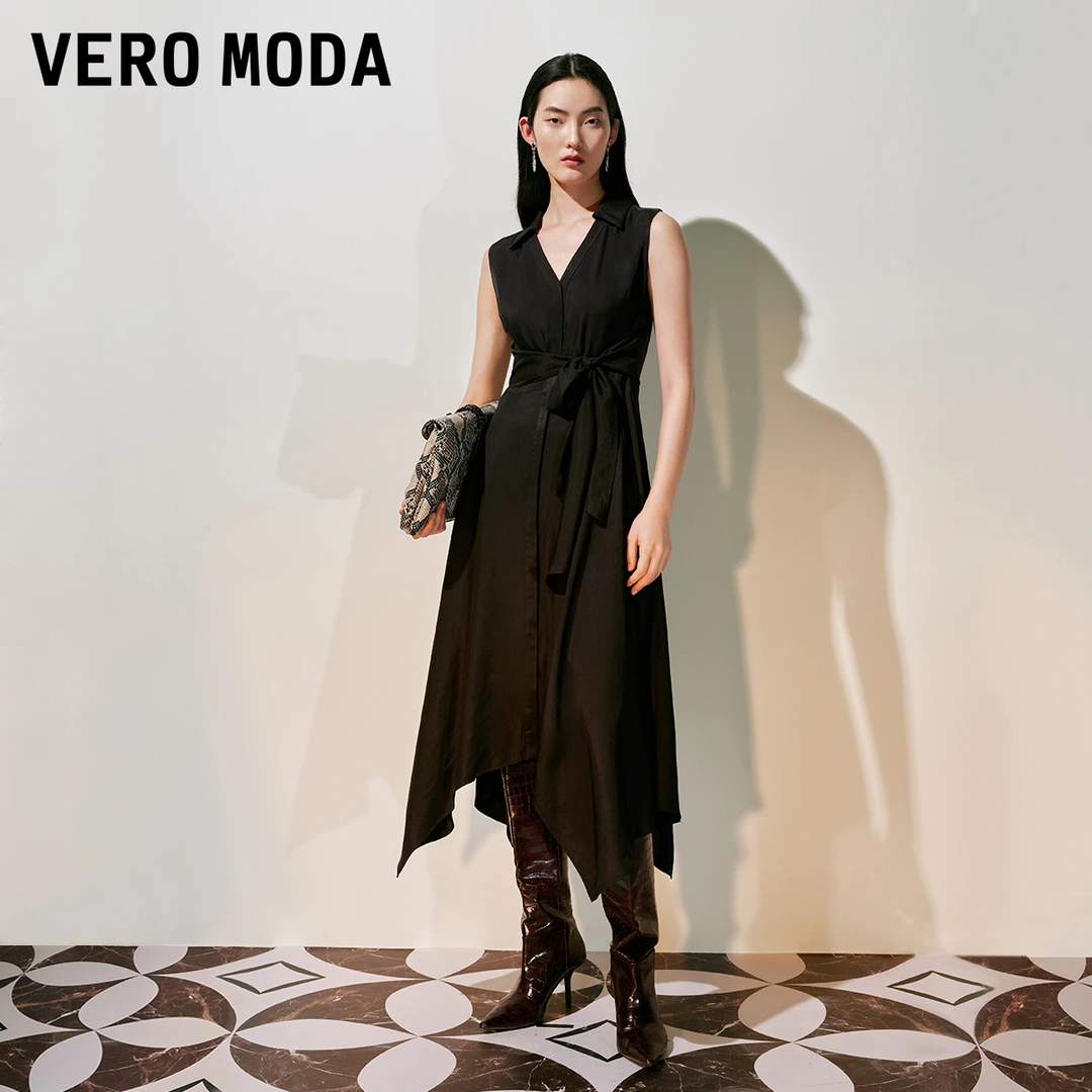 Vero Moda连衣裙春游出行洋气单排扣系带不规则下摆长裙32527A008