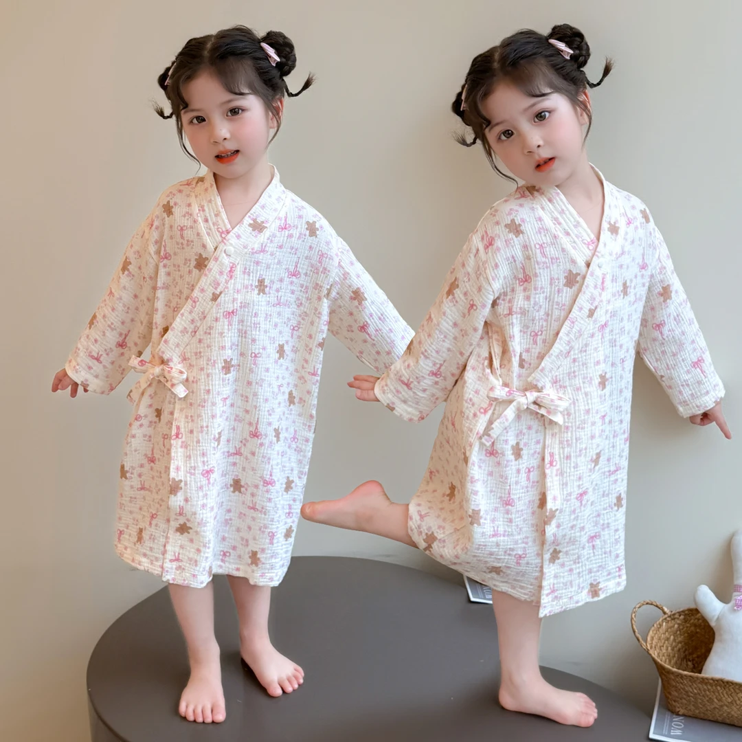 女童睡袍春秋季女宝宝纯棉纱布浴袍儿童春夏款空调家居服洗澡浴巾