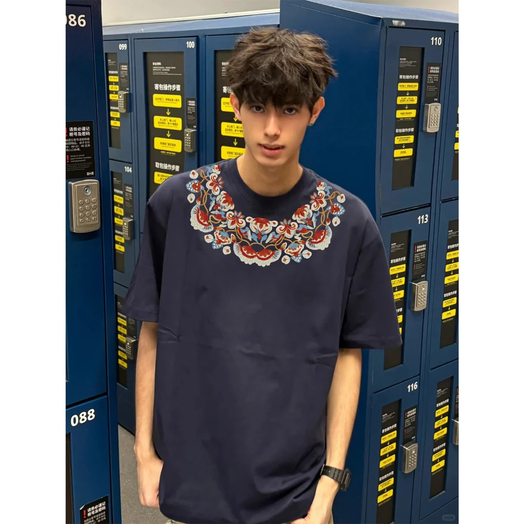 100%纯棉高街国潮风图案印花短袖T恤夏季男女休闲百搭情侣上衣