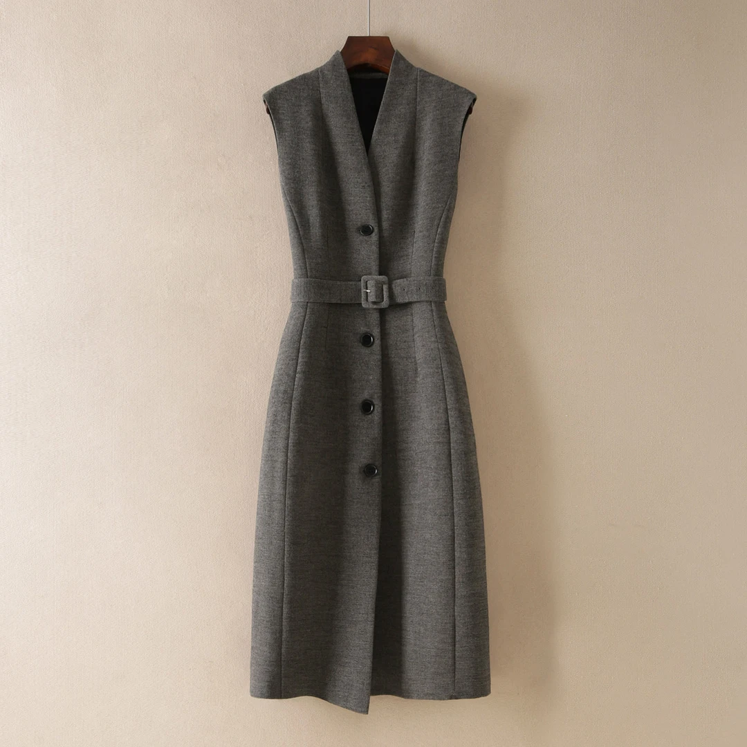 新款V领真丝羊毛背心裙收腰显瘦连衣裙