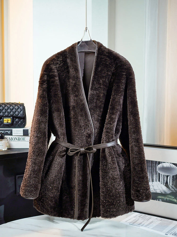 进口皮毛一体拉贡工艺女士外套系腰带气质时尚显瘦年轻款宽松外套