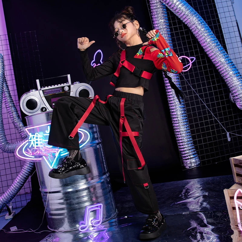 儿童潮酷爵士舞服装女童架子鼓演出服套装少儿街舞女孩hiphop衣服