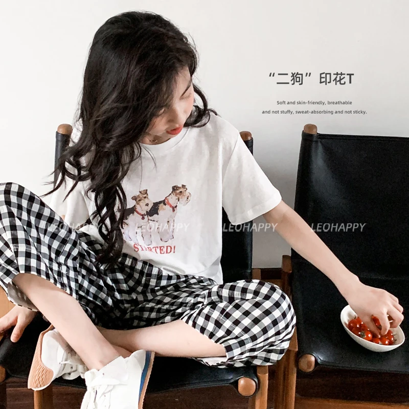 【二狗】圆领直喷小狗印花汉麻短袖T恤