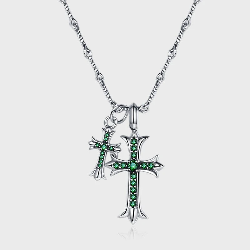 克罗心项链s925纯银绿锆双十字架吊坠男女纯银制品