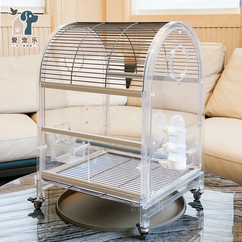 防溅洒鹦鹉笼子 四面全透明观赏家用高端圆顶小鸟别墅 亚克力鸟笼
