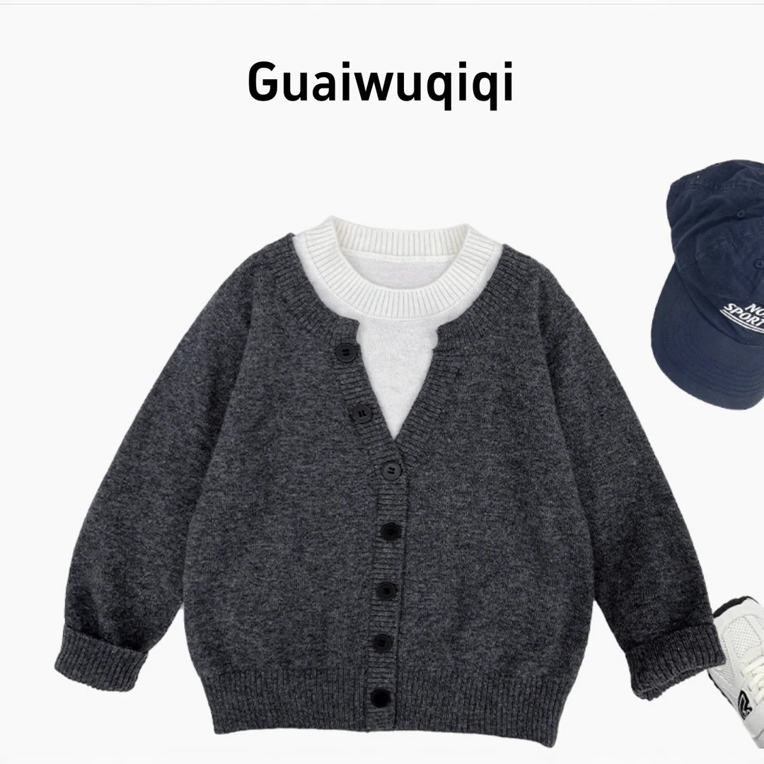 2025秋季韩版童装儿童假两件拼接设计针织开衫新大童3岁女宝毛衣