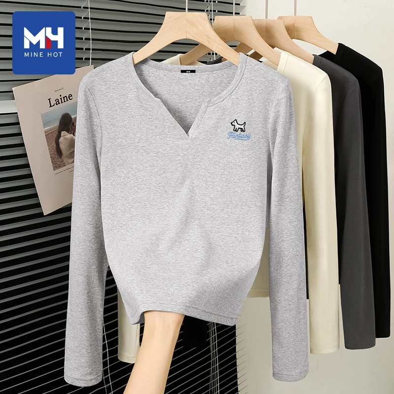 唐狮集团MH纯棉长袖t恤女2025新款v领花灰小狗春秋超好看上衣H