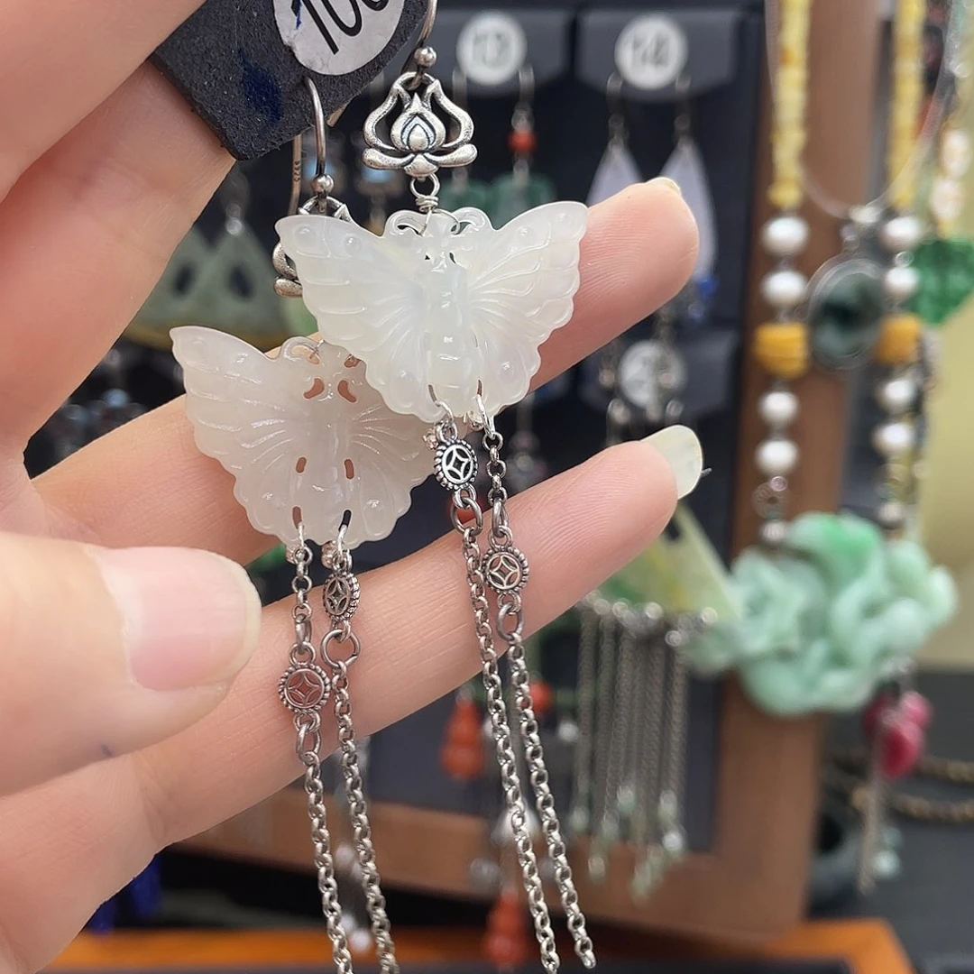 和田玉耳饰银S925镶嵌玉****轮580gg gf hjh