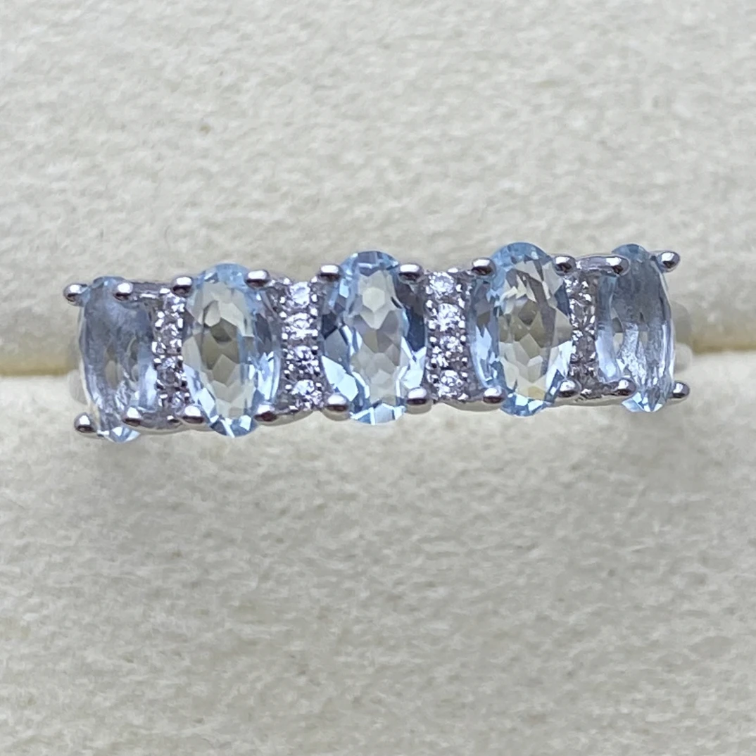 天然海蓝宝石戒指排戒s925银轻奢精致满钻百搭YY