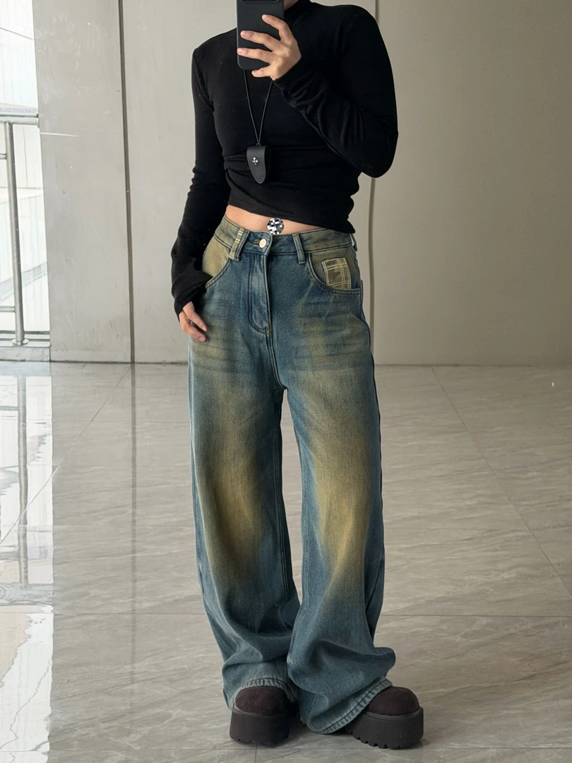 【HDH】秋冬洗水做旧阔腿美式格子屁兜复合绒牛仔裤