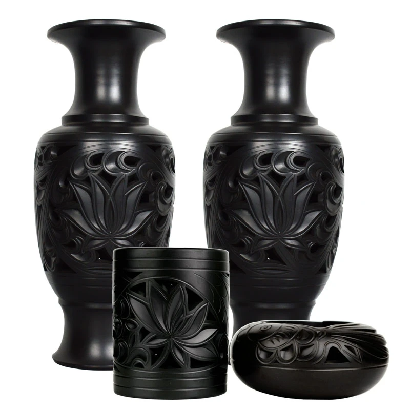 地方特色手工艺品黑陶花瓶镂空工艺笔筒烟缸 花瓶非遗文化
