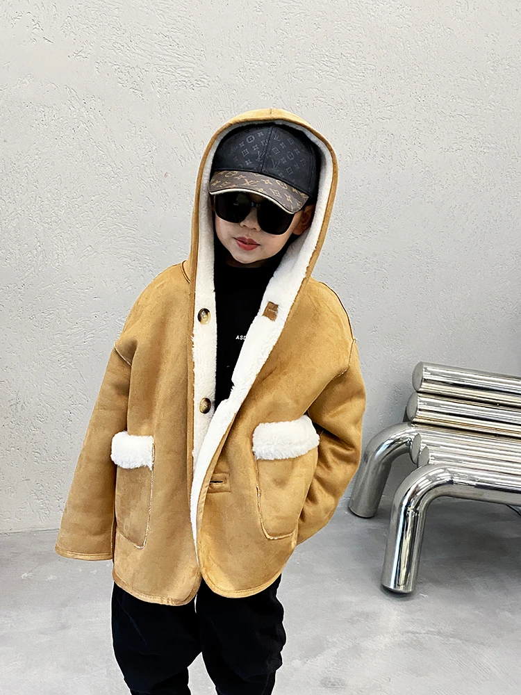 儿童高级感颗粒全羊毛大衣男童冬季翻领保暖双面穿S5990