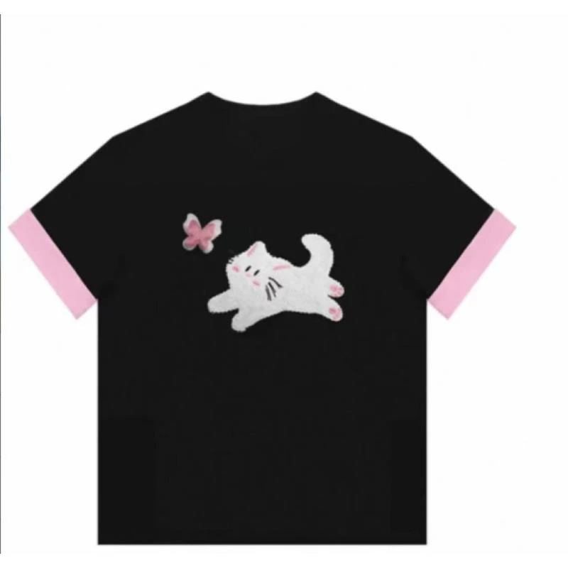 【招财猫】美式卡通短袖t恤女新款潮牌设计感小众上衣Y9774