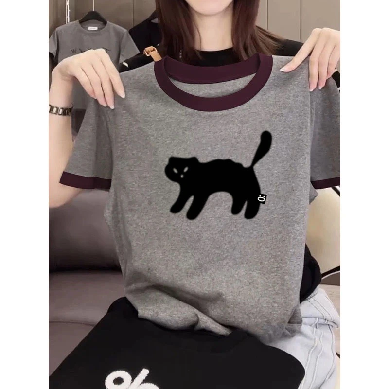 2025新款夏季正肩圆领撞色领短袖t恤女设计感时尚百搭深灰色上衣