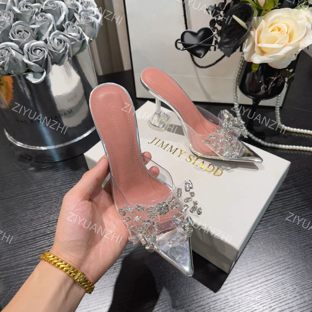 【柒七匠心】蝴蝶结鱼嘴半拖高跟鞋透明网钻水钻仙女风尖头水晶凉鞋