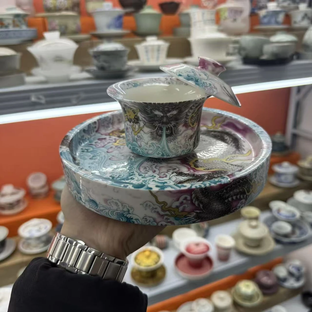 粉彩墨龙高温茶具中式高档墨龙吐水盖碗整套茶具礼盒装家用0973